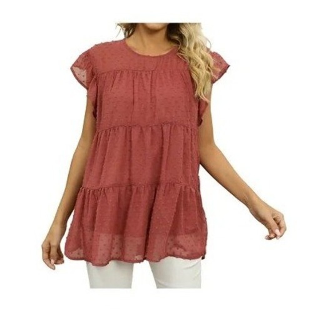 Entro Red Orange Swiss Dot Tiered Babydoll Ruffle Cap Sleeve Top S BOHO Cottage